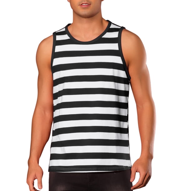 Camiseta sin mangas de rayas Inspire Chic para el Día del Padre, camiseta de cuello redondo casual para hombres, talla 2XL, negro y blanco