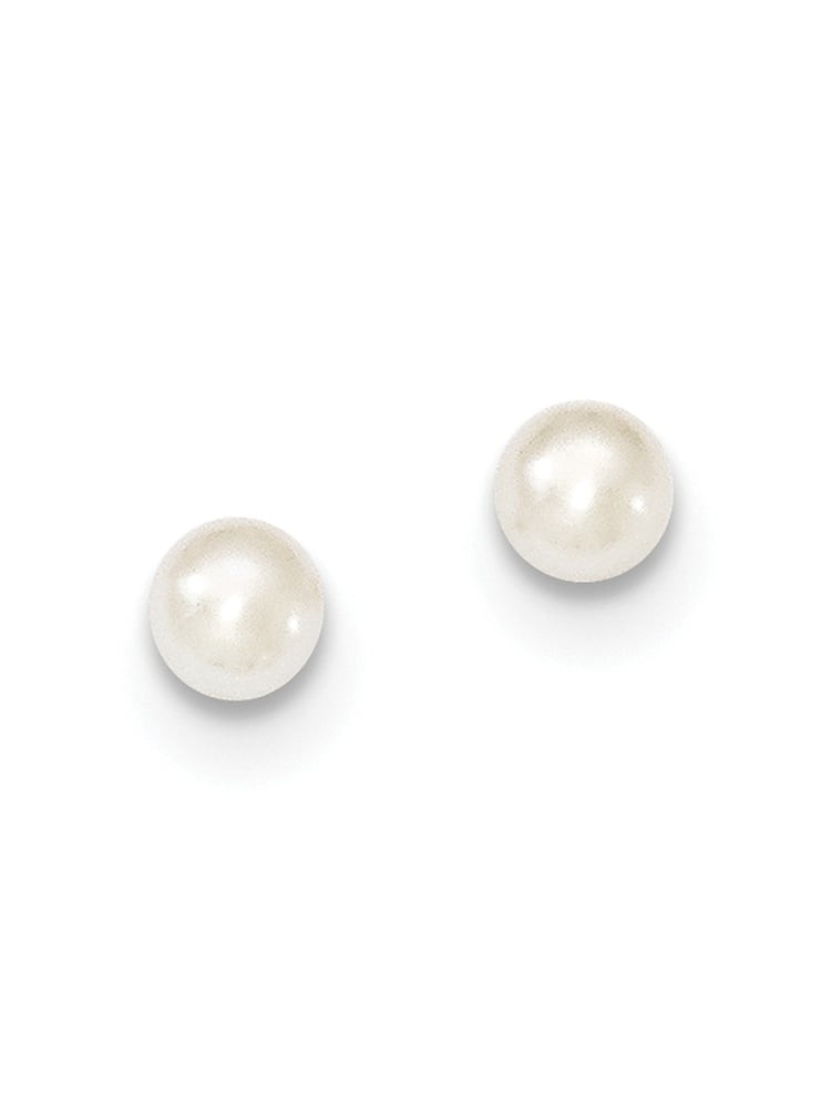 Beautiful Sterling Silver Rh-plated 4-5mm White FW Cultured Round Pearl Stud Earrings 