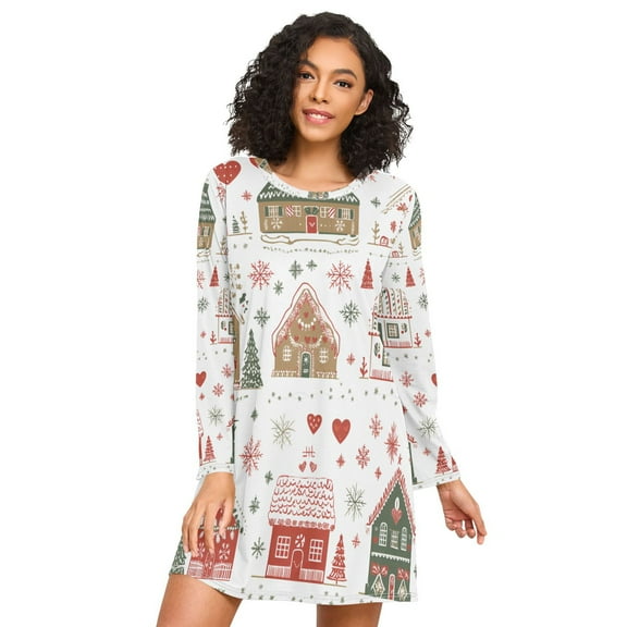 FORMRS Womens Long Sleeve Nightgowns Crew Neck Sleep Shirt Soft Pajamas Sizes S-3XL, Red Nordic Christmas House