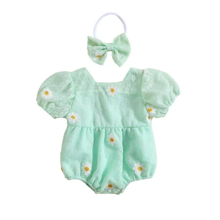 

wybzd Infant Baby Girl Summer Jumpsuit Set Short Sleeve Crew Neck Flower Print Romper with Bow Headband Baby Outfits Green 18-24 Months