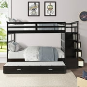 Harper & Bright Designs Twin Over Twin Bunk Bed with Trundle and Stairs, Wood Kids Bunk Beds with Storage Drawers and Guardrail for Teens Adults, Espresso