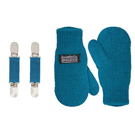 SANREMO Unisex Kids Toddler Knitted Fleece Lined Warm Winter Mittens and Mitten Clips Set (1-3 Years, Coral Blue)