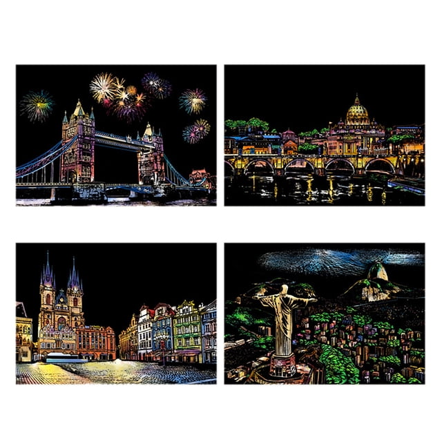 4 hojas de papel para rascar, manualidades DIY, cartón blanco A4, tablero para rascar con paisaje, papel para pintar y rayar, hermosa ciudad