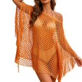 thumbnail image 2 of Crochet Cover Ups for Women Beach Hollow Out Swim Cover Up Scolid Color Knit Fringed Edges Summer Outfits(Orange), 2 of 5