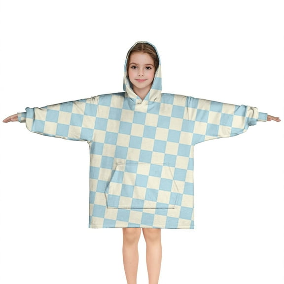 Light Blue and Cream Checkered Pattern Blanket Hoodies for Kids 6-13YR Oversize Wearable Blanket Hoodies for Boys Girls Teens