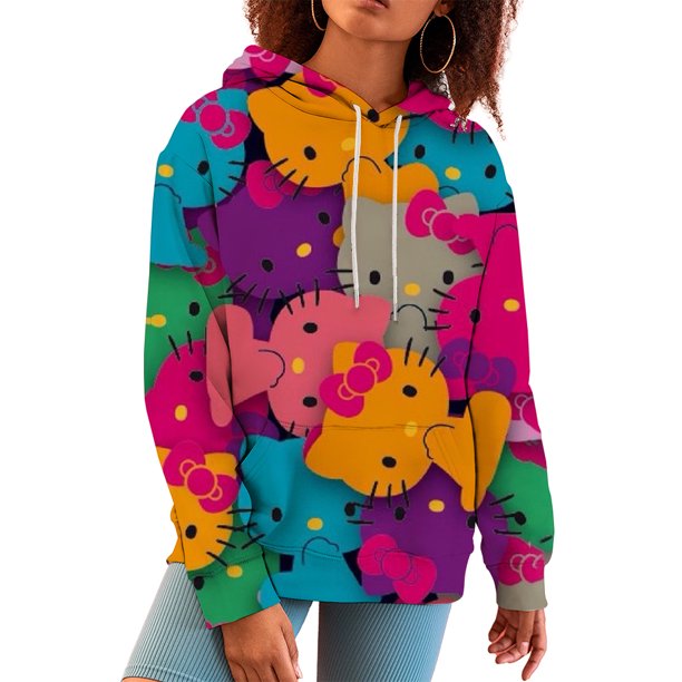 Sudadera con capucha con estampado de dibujos animados de Hello Kitty de Sanrio, moda Y2K, nueva sudadera informal de gran tamaño estilo Harajuku para mujer, top de primavera Kawaii para mujer