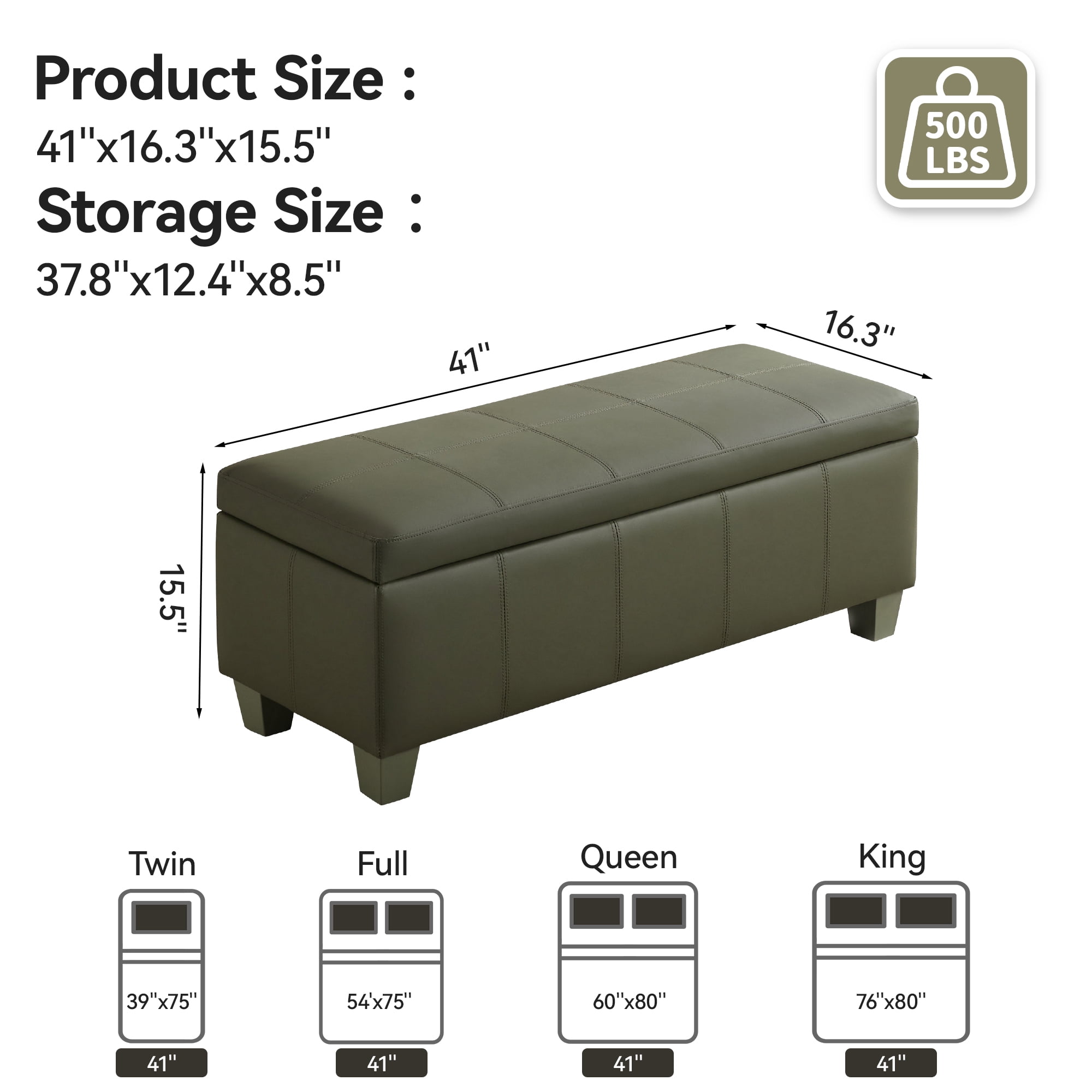 41'' Faux Leather Storage Ottoman Bench, Rectangle Upholstered Storage Bench with Wooden Legs, Stitch Tufted Bench with Storage for Bedroom, Living Room, Entryway, Green