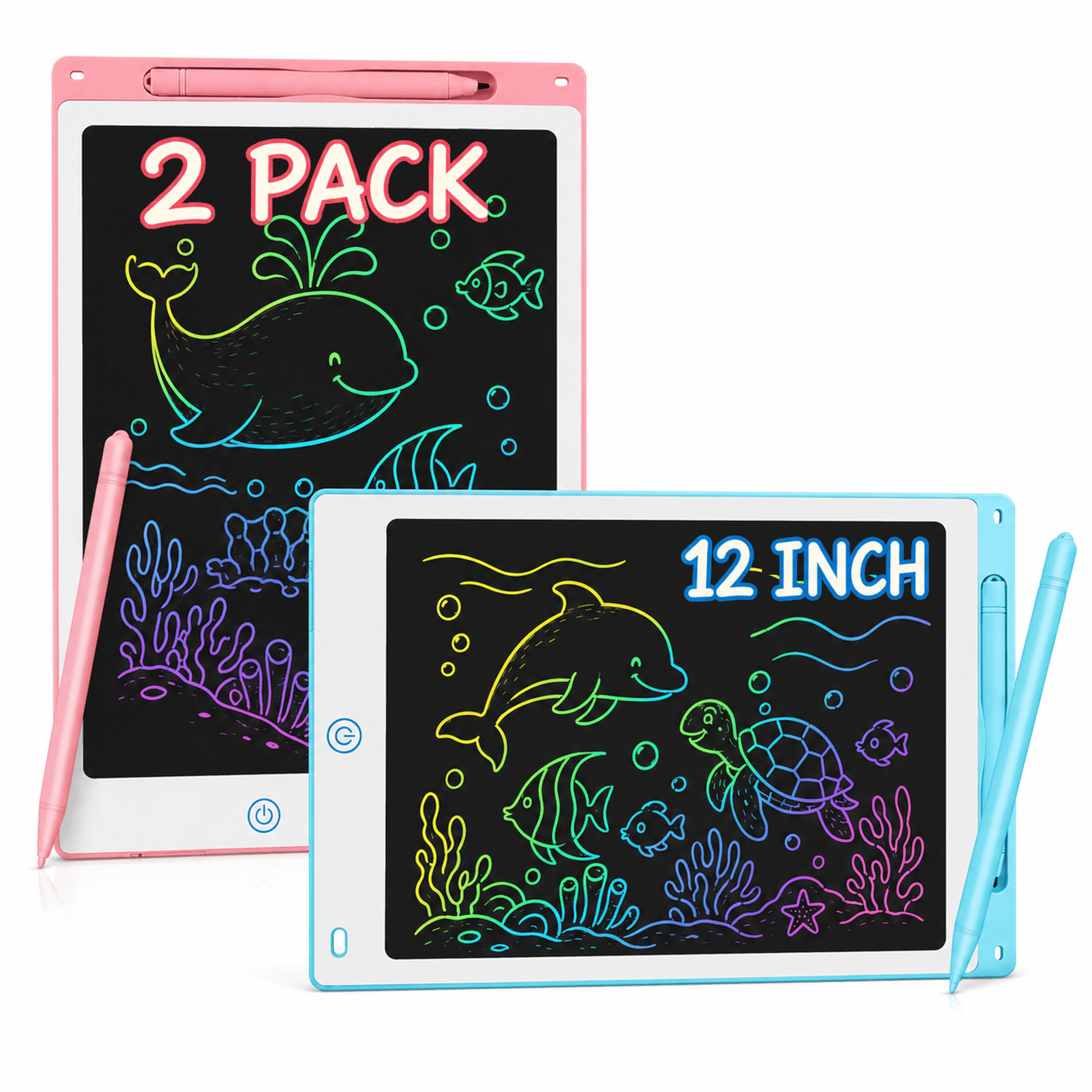 XIBUFE Lcd Writing Tablet for Kids 2-Pack 12-Inch Colorful Doodle Boards Reusable Erasable Drawing Pads for Ages 2-10 Blue and Pink Led Drawing Board for Kids