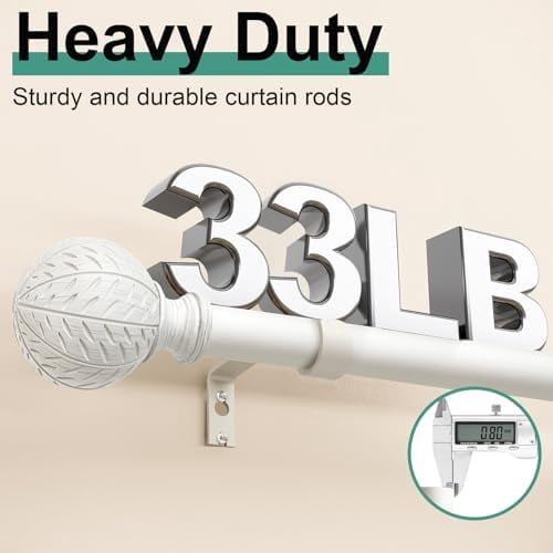White Curtain Rods for Windows 66 to 120 Inch,1'' Diameter Drapery Rods with Leaf Pattern Finials,Boho Adjustable Heavy Duty Curtain Rods Set,36-120'',Antique White