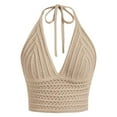 thumbnail image 2 of ZHOGXU Camisole For Women Halter Neck Tank Tops Solid Color V Neck Hollow Out Knit Boho Comfortable Stretchy Slim Fit Vest For Daily Wear,Khaki,M, 2 of 6