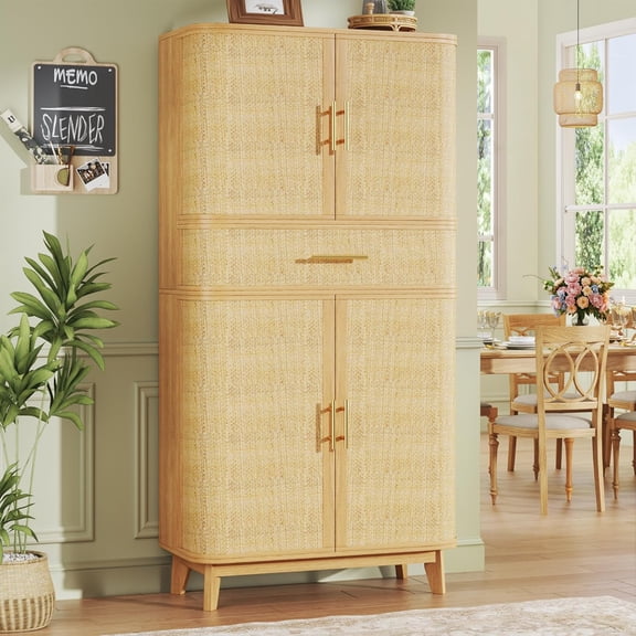 71" Tall Pantry Cabinet, Kitchen Pantry Storage Cabinets with 4 Rattan Doors & Large Drawer, Modern Curved Storage Cabinet with 10 Storage Compartments for Dining Room, Living Room, Natural