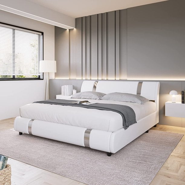 Homfa King Size Bed Frame, Modern Leather Upholstered Platform Bed
