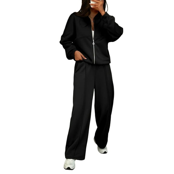 Women'S 2 Piece Outfits Oversized Fleece Sweatsuit Zip Up Long Sleeve Sweatshirt with Wide Leg Sweatpants Black S