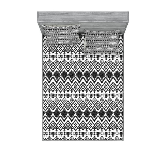 Ambesonne Geometric Fitted Sheet & Pillow Sham Set, Modern Line Zig Zag, Full, Black and White