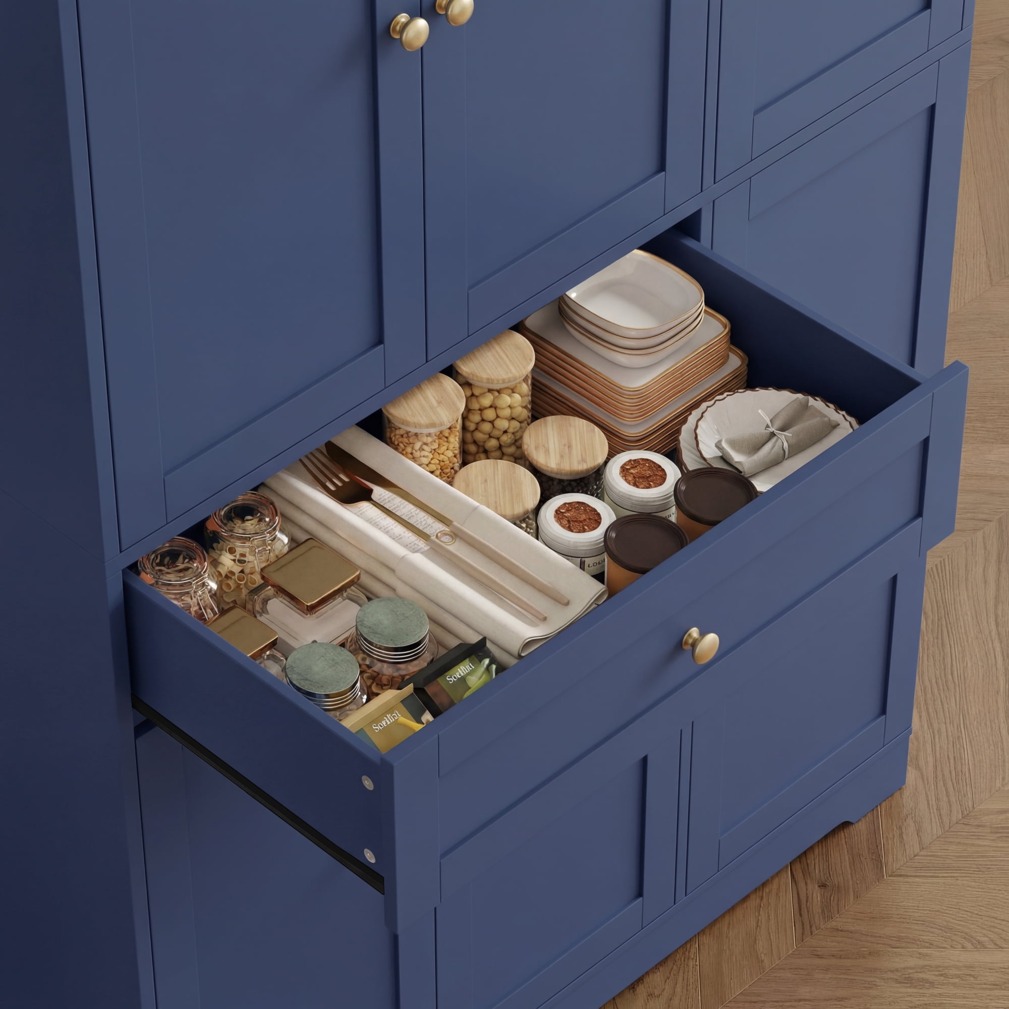 Homfa Kitchen Pantry Storage Cabinet, 68" Food Pantry Cabinet with Drawer and Door Shelf, 6 Door Freestanding Cupboard Buffet for Dining Room, Blue