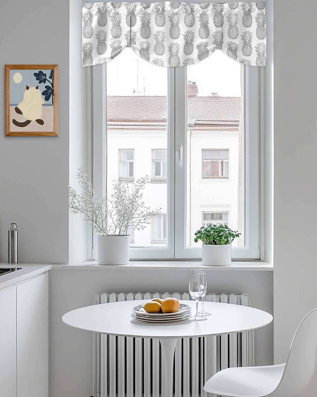 Gray Pineapple Tie Up Valances Curtain, Adjustable Kitchen Simple Cartoon Fruit Valances for Windows Decor, Rod Pocket Short Curtains Set for Bedroom/Bathroom, 60"x18"