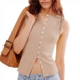 thumbnail image 2 of Camiseta Sin Mangas de Verano para Mujer, de Punto, con Cuello Redondo, Botones Delanteros y Canalé, Ajustada, Sin Mangas, Color Caqui, Talla M, 2 of 7
