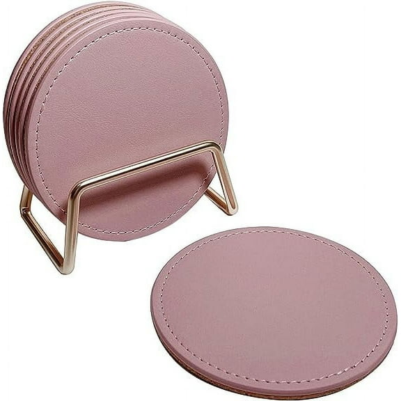 Namzi Coaster Set of 6 with Metal Holder, Leather Coasters for Drinks with Cork Base, Pink Coaster for Coffee Table, House Warming Gift for New Home Decor
