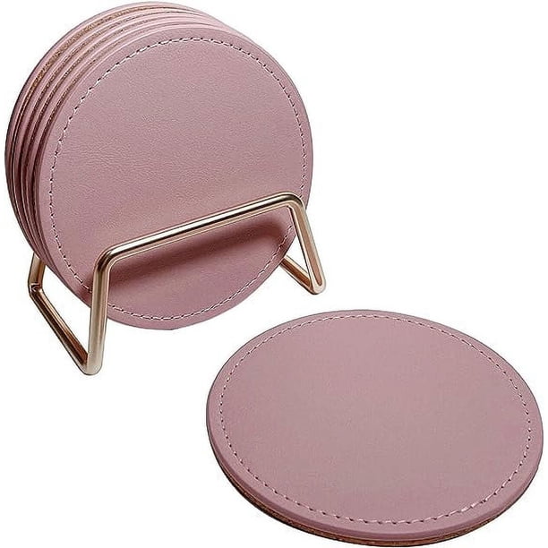 Zhuge Juego de 6 posavasos con soporte de metal, posavasos de cuero para bebidas con base de corcho, posavasos rosa, regalo de inauguración de la casa para la decoración del nuevo hogar