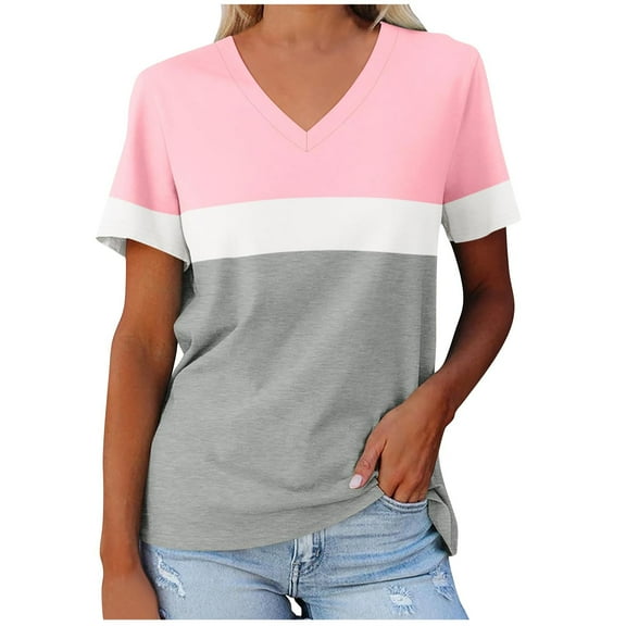 ZyeKqe Women 's T Shirts Short Sleeve Shirts Casual V Neck Summer Tops Color Block Loose Tees