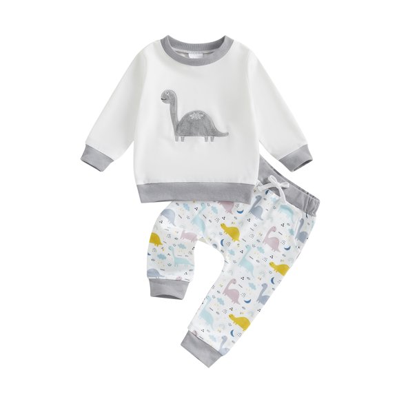 Toddler Baby Boys Fall Outfits 0 6 12 18 24 Months 2T 3T Dinosaur Embroidered Long Sleeve Sweatshirts and Long Pants 2Pcs Clothes Set