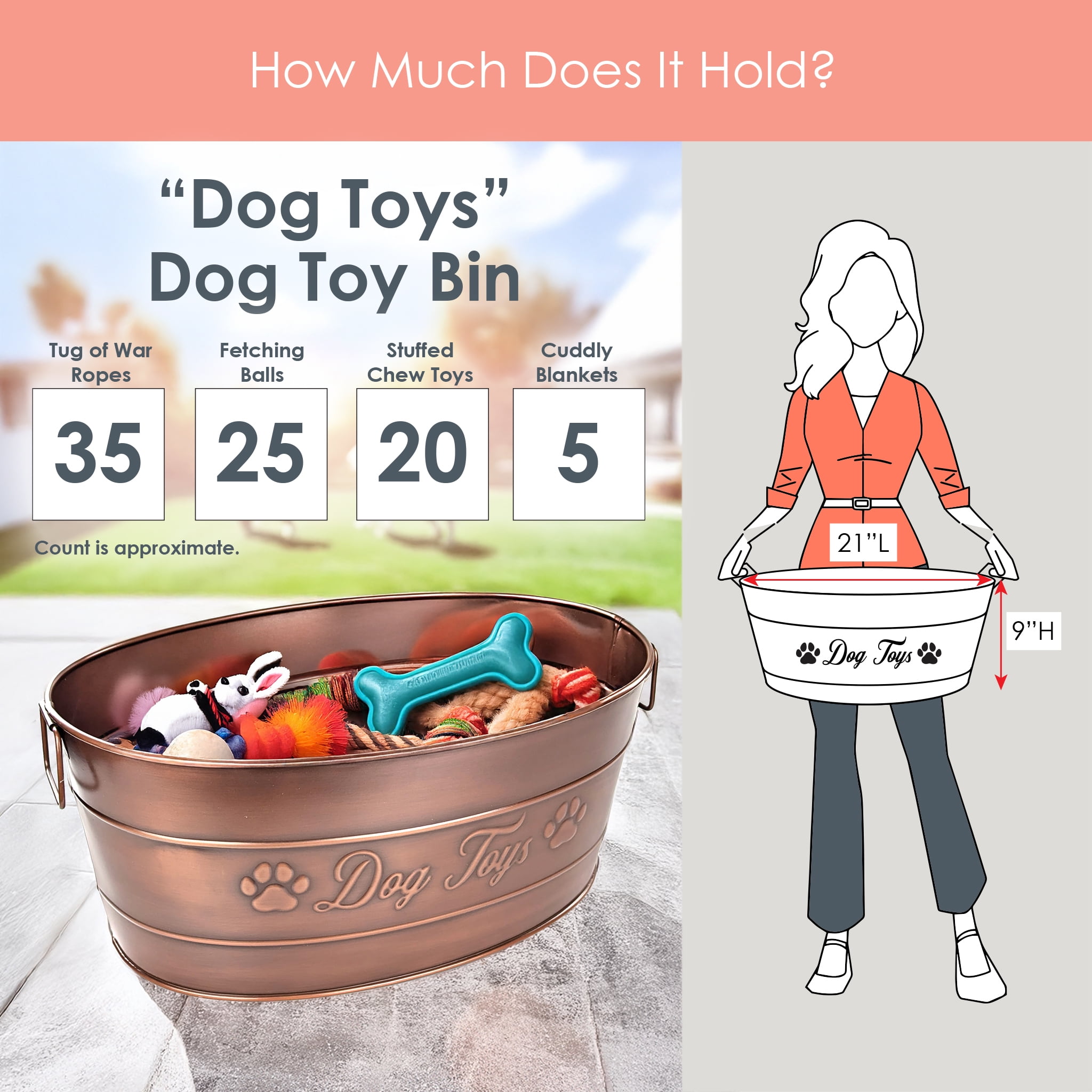 BREKX Home + Party Metal 1-Piece Toy Bin Set in Bronze Dog Toys Design Oval