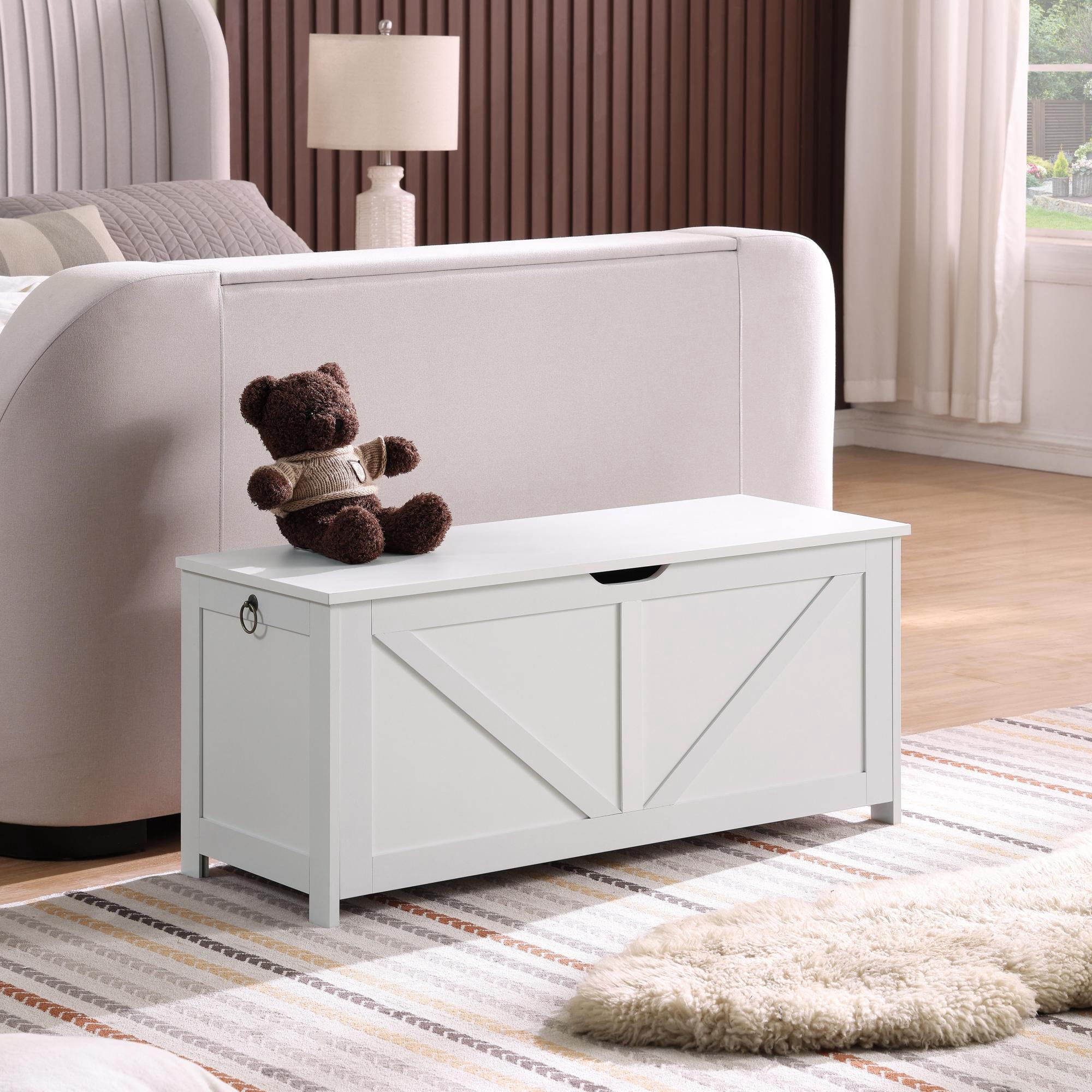 39.4" Storage Ottoman Bench,Storage Chest,Wooden Toy Box Organizer,Entryway Storage Bench with Safety Hinge for Entryway, Bedroom, Living Room,White