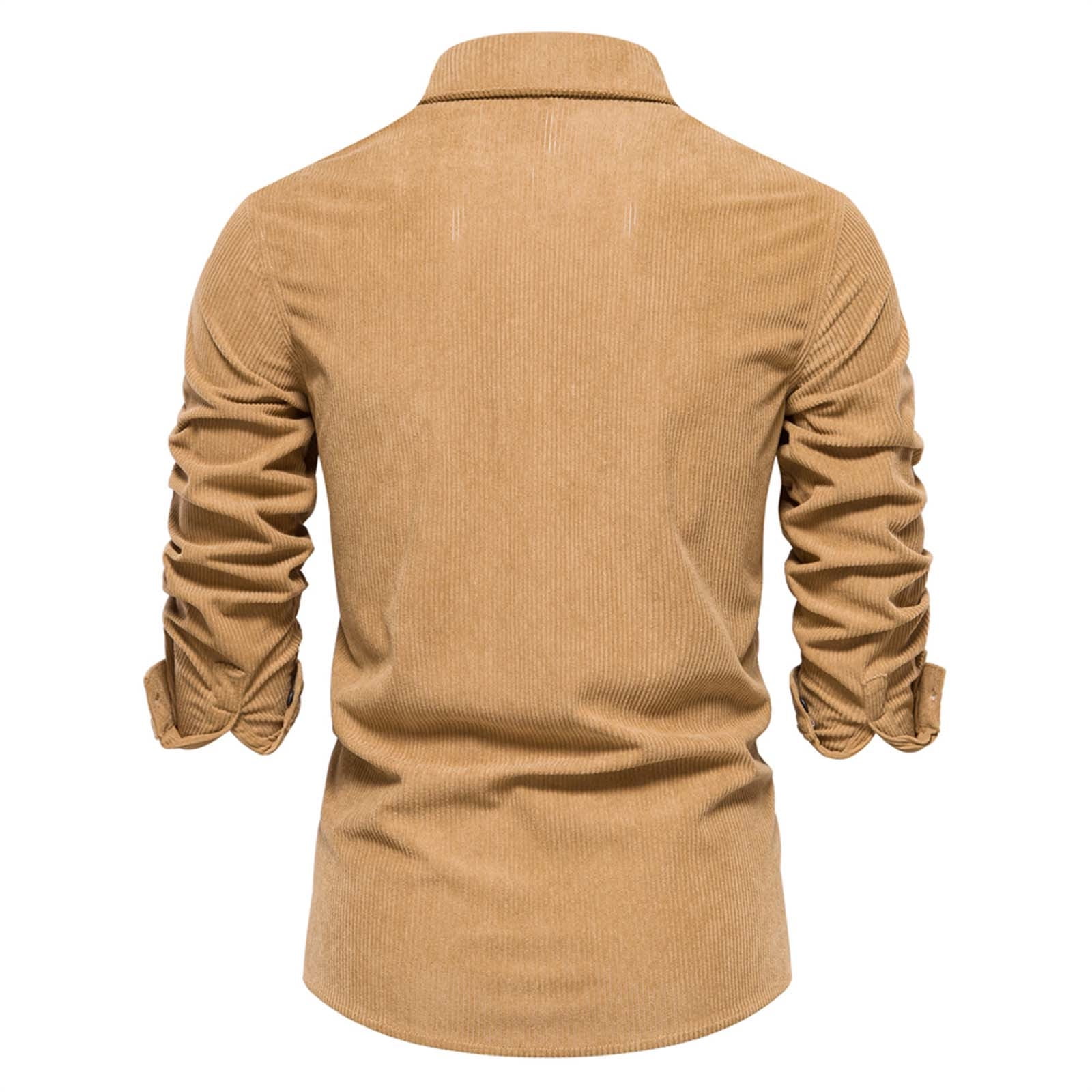 VSSSJ Men Long Sleeve Ribbed Corduroy Shirts Button Down Lapel Collar Shirt Slim Fit Stretch Solid Color Pocket Casual Fall Tops Shirts Khaki XXL