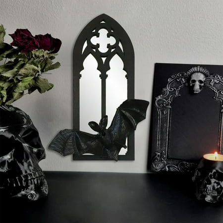 Gothic Wall Mirror Black Wood Frame Bat Halloween Decor Spooky Gothic Home Accent Decorative Bathroom Vanity Mirror