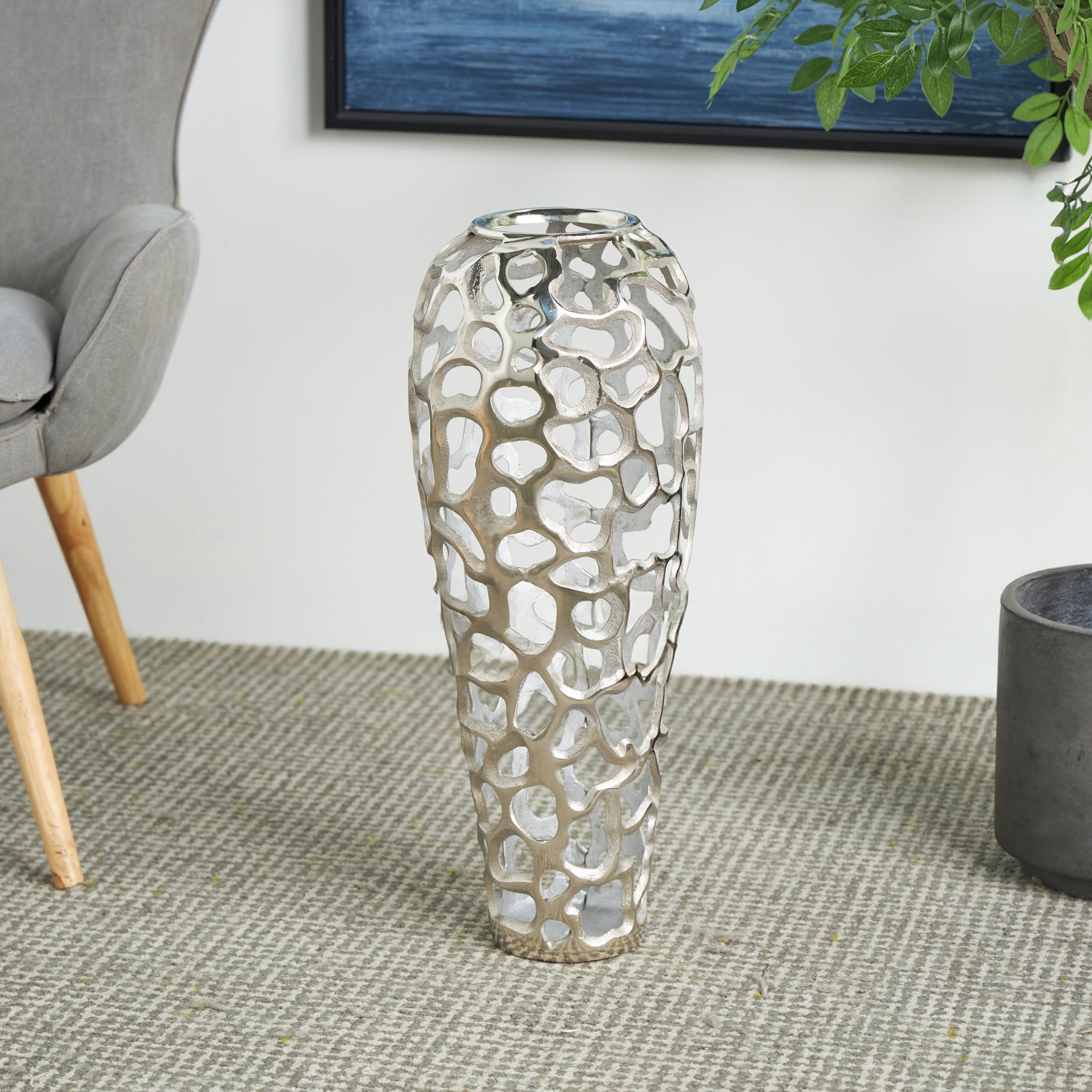 DecMode Silver Contemporary Aluminum Open Style Decorative Vase with Metal Holes, 10"W x 25"H
