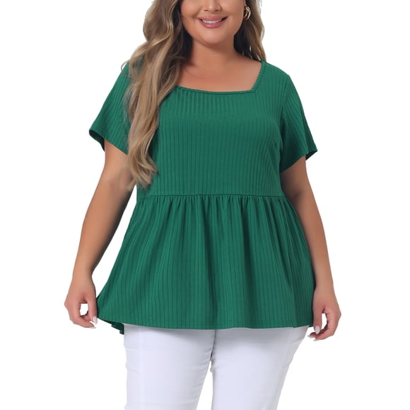 Camisas de mujer de talla grande Agnes Orinda, blusas de peplum sólido, cuello cuadrado, ropa tipo babydoll 2X verde