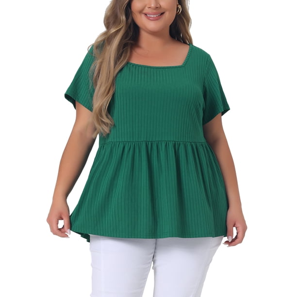 Camisas de mujer de talla grande Agnes Orinda, blusas de peplum sólido, cuello cuadrado, ropa tipo babydoll 2X verde