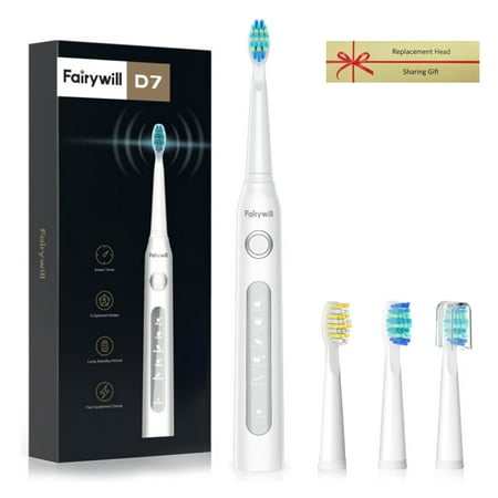 Fairywill Sonic Electric Toothbrush with 5 Modes for Adults , Rechargeable Toothbrush with Smart Timer , 4 Brush Heads and 2H Charge for 30 Days, White