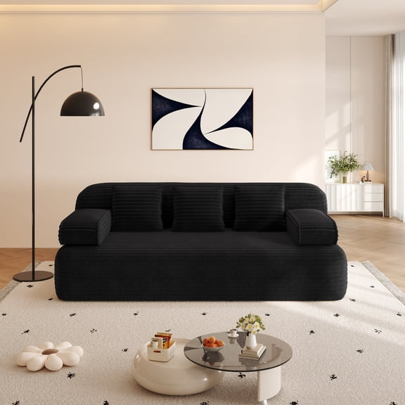 Noble House 79" Frameless Convertible Sofa Bed, 2-in-1 Corduroy 3-Seater Cloud Couch, Small Spaces, Apartments, Black
