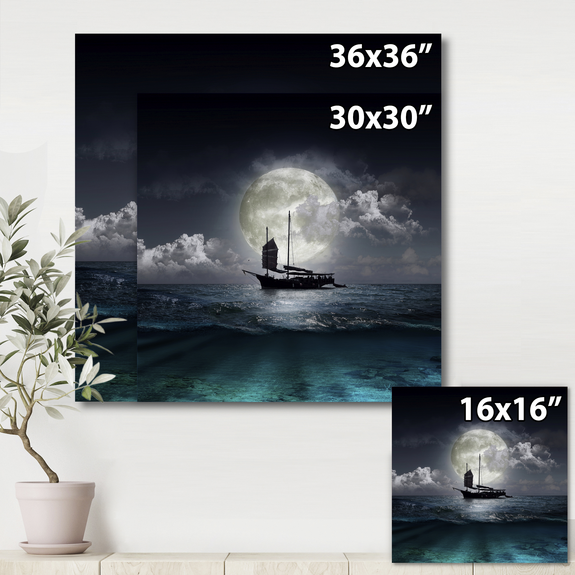 Designart ' The Lake During Full Moon With Fisher Boat ' Nautical & Coastal Canvas Wall Art Print