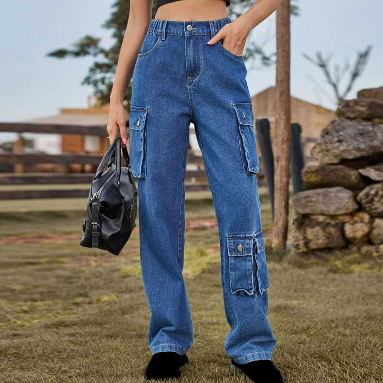 Blue Flap Pockets Capris Cargo Pants, Slim Fit High-Stretch Drawstring  Elastic Waist Jeans, Women's Denim Jeans & Clothing