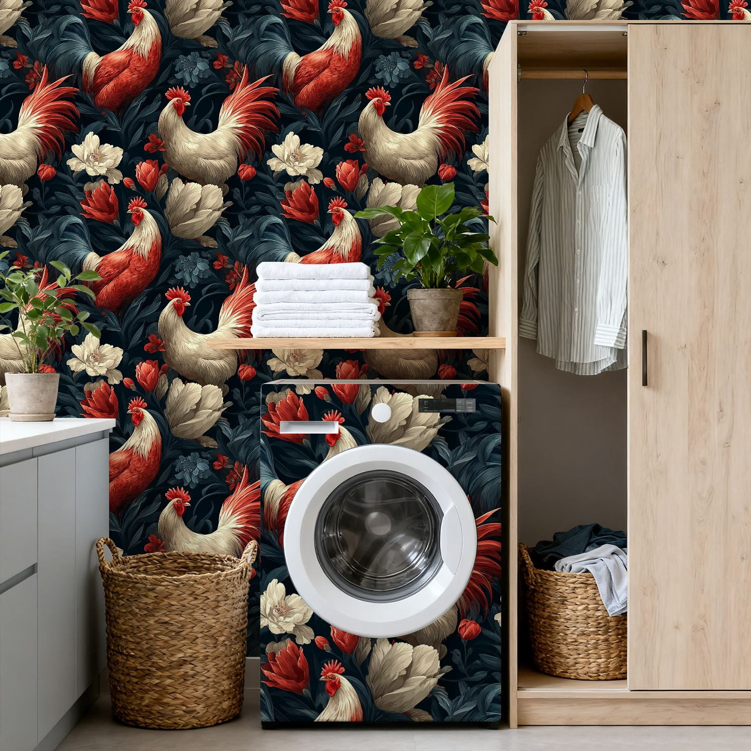 Chicken Peel and Stick Wallpaper Vintage Roosters Floral Garden Wall Mural 17.7in x 9.8ft Self Adhesive Removable Wall Paper Renter Friendly Wallpaper for Nursery Bedroom Cabinets