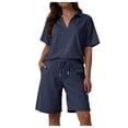 thumbnail image 4 of vigerkar 2 Piece Sets for Women Summer Lounge Sets Short Sleeve Sweatsuit V-neck Tops and Drawstring Shorts Outfits Tracksuit (Dark Blue, 3XL), 4 of 8