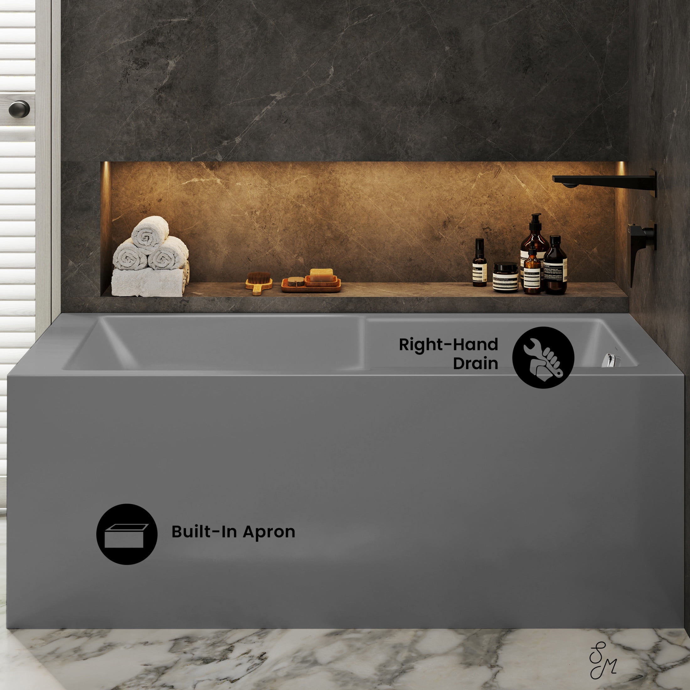 Claire 60 x 32 Right Drain Soaking Alcove Corner Apron Bathtub in Glossy Gray