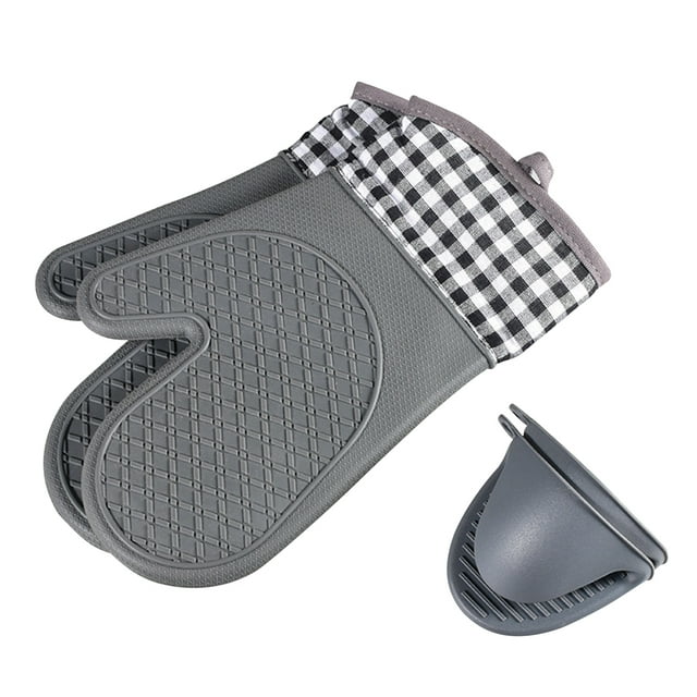 Graflsoa Extended Heat-Resistant Gray Silicone Oven Gloves with Cotton Lining and Hand Clips, Safe for Baking and Cooking Up to 230℃, Non-Slip Design, Hanging Holes Included, Modern Kitchen Essential