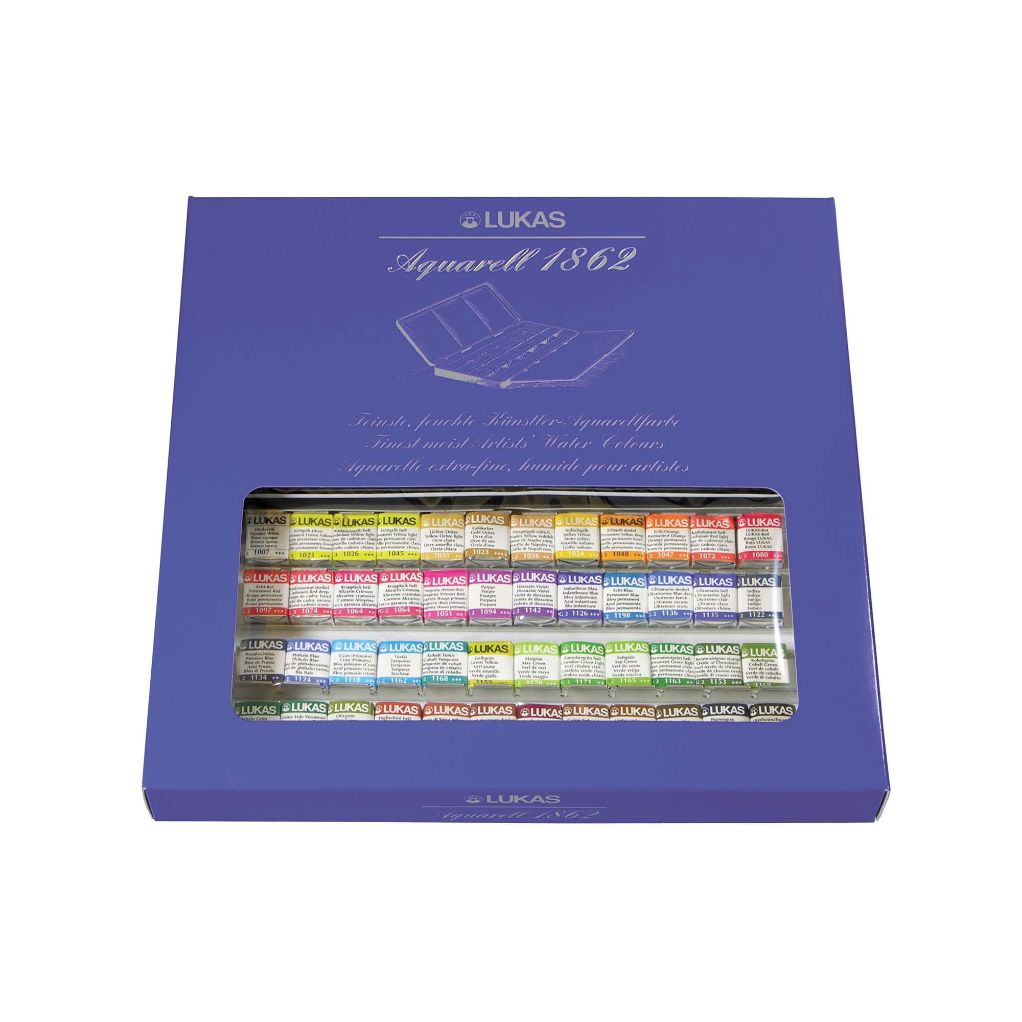 Lukas Aquarell 1862 Artist Watercolor Set, Professional Kit of Brilliant Colors in a Travel Friendly, Outdoor Painting and Plein Aire Carry Case with Color Mixing Palette, 48 Half Pans