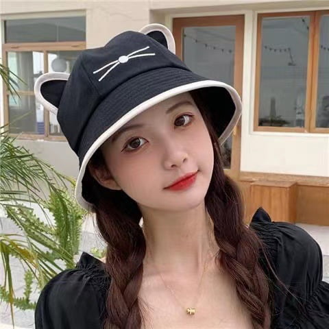 Sombrero de pescador con orejas de gato, sombrero para el sol, estilo callejero, sombrero de estilo femenino, sombrero de estilo fresco con dibujos animados