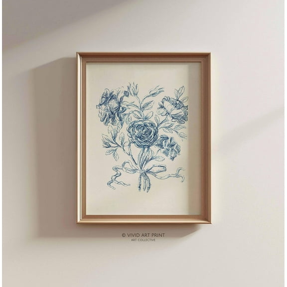 Antique Blue Rose Bouquet Sketchvintage Botanical Home Decor, Vivid Art Print Pj-118 Wall Art, Modern Wall Decor, 8x12 UNFRAMED
