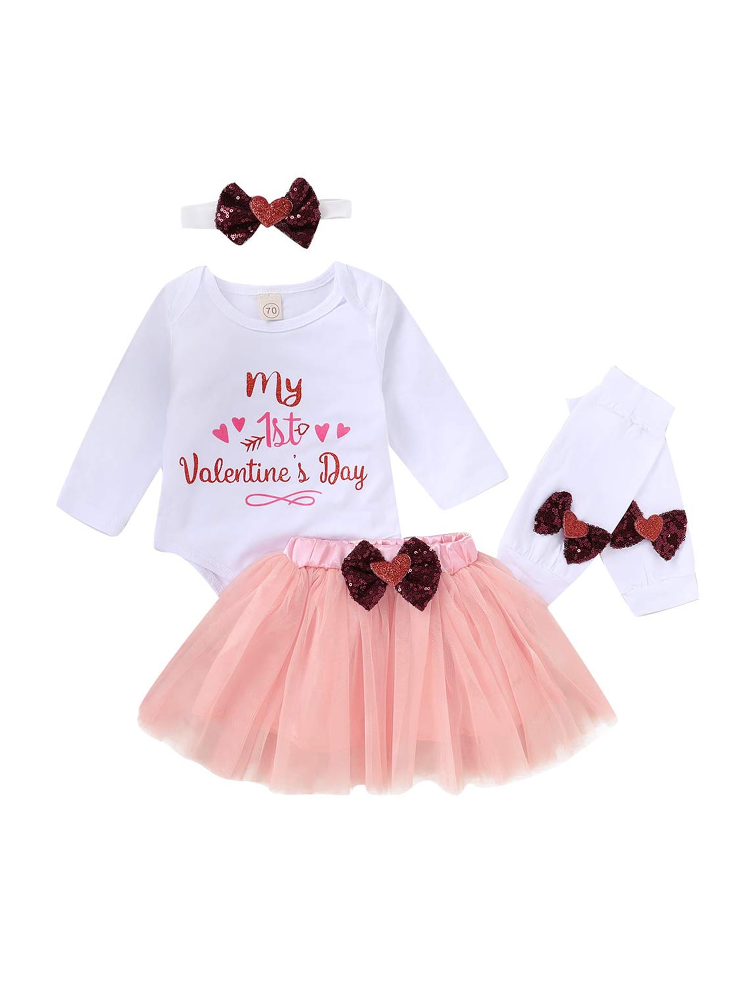 4PCS Infant Baby Girl Valentine Long Sleeve Top Tutu Skirt Headband Shoes Set RD 