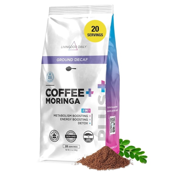 Livingood Daily Coffee with Moringa, Ground Decaf Coffee with Plant Based Ingredients for Daily Wellness, Made with Moringa Powder, Organic, Non GMO, Vegan, Gluten Free, 20 Servings, 12 oz Bag
