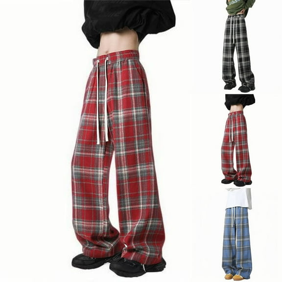 Miluxas Men's Plaid Long Pants Elastic Waist Straight Leg Casual Trousers Streetwear with Pocket Red