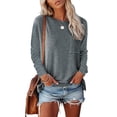 thumbnail image 1 of Crewneck Blusa Poliéster Manga Larga de Color Puro Mujeres Loose Fit Top con Bolsillo, 1 of 5