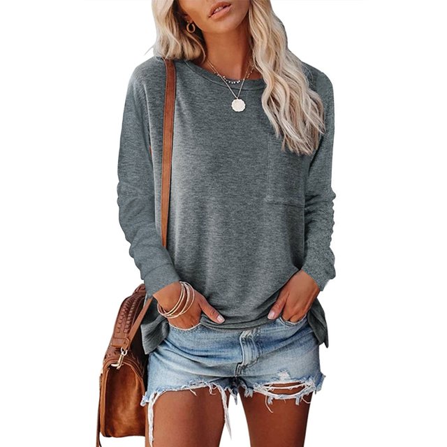 Crewneck Blusa Poliéster Manga Larga de Color Puro Mujeres Loose Fit Top con Bolsillo