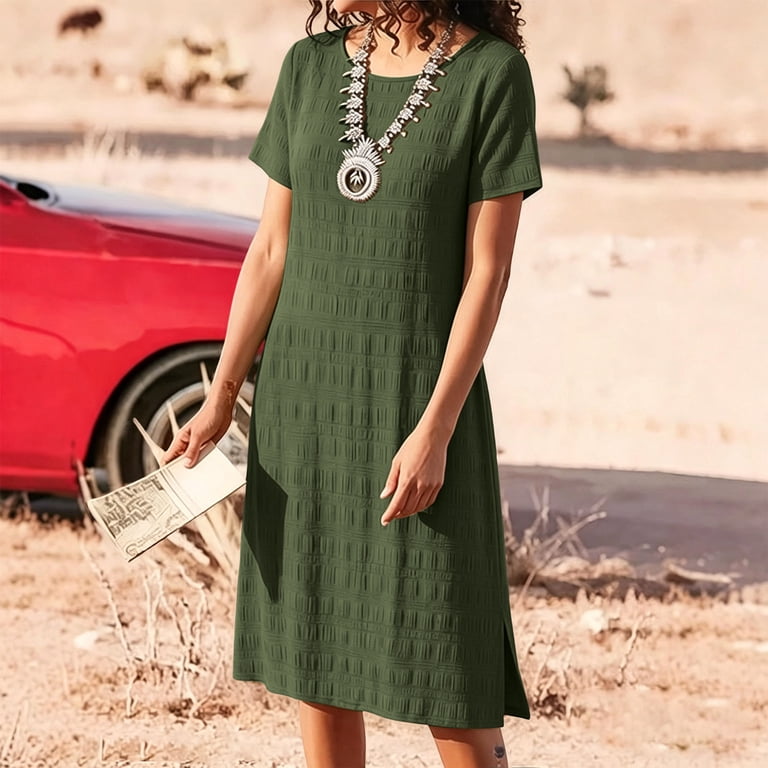 Vbvc Women's Textured Short Sleeve Shift Dress,Ladies' Crew Neck Loose Midi Dress,Casual Side Slit Summer Tunic Dress For Women,Army Green,S-3XL