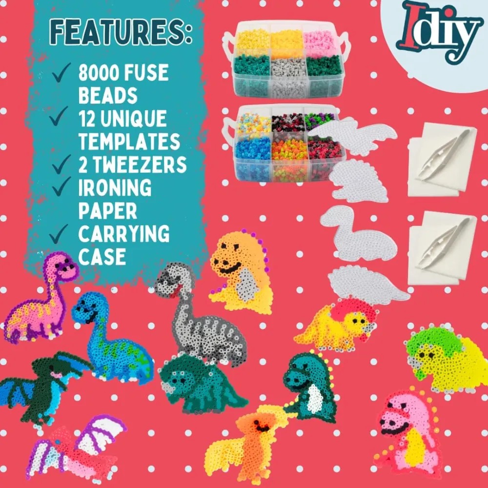 8,000 pc Dinosaur Fuse Beads w Carrier Case- 22 Colors, 12 Unique Templates, 3 Peg Boards, 2 Tweezers, Melt Iron Paper- Dino Bulk Art Craft School Project, Kids Birthday Party Gift, School Activity